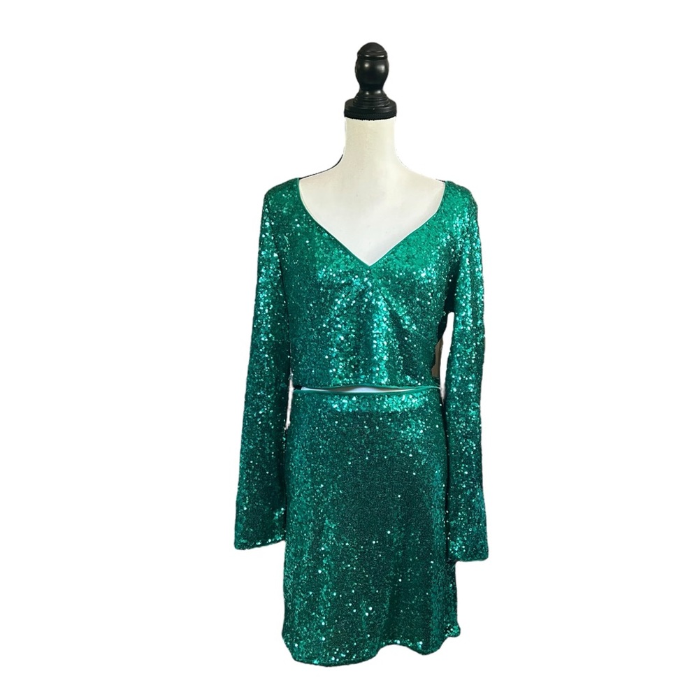 Lulu’s Glitzy Celebration Emerald Green Sequin 2-Piece Mini Dress Evening NWT XL